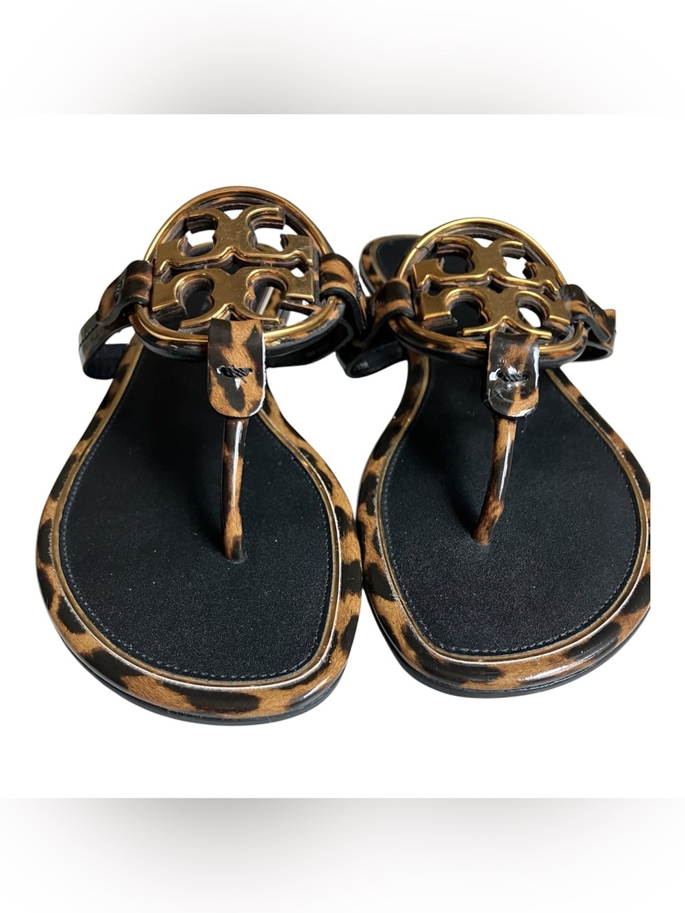 Tory Burch Miller Gold Metal Leopard Print Black Leather sandals 8 Luxury NWOB - Picture 9 of 11